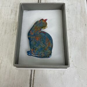 Handmade Cat Pin Brooch Elli Blue Copper Artist Signed Denise Laurent W/Box